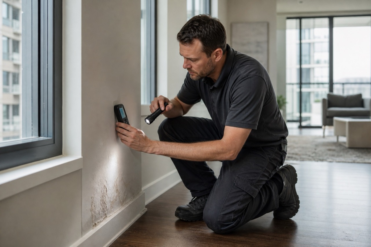 Technician evaluating moisture in an Atlanta condominium